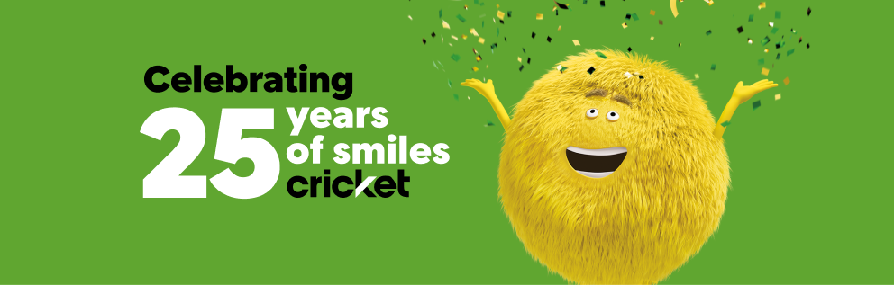 Image, confetti falling on Dusty character jumping celebrating Cricket's 25th year anniversary.